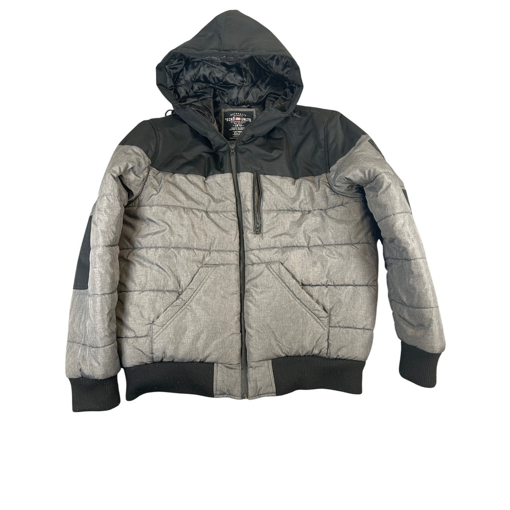 Ecko Unltd Mens Gray Black Colorblock Hooded Puffer Jacket XL Padded Streetwear